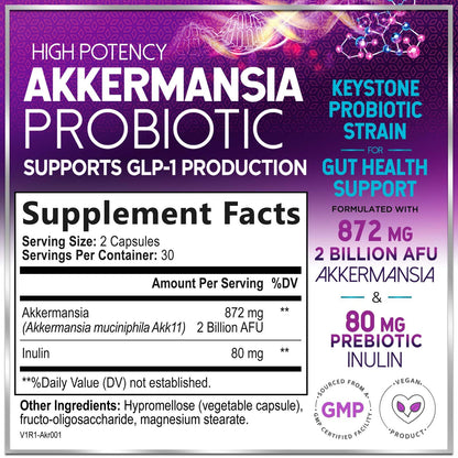 Akkermansia Probiotic 2B AFU – GLP-1 Support with Prebiotic Fiber – 60 Capsules | Made in USA