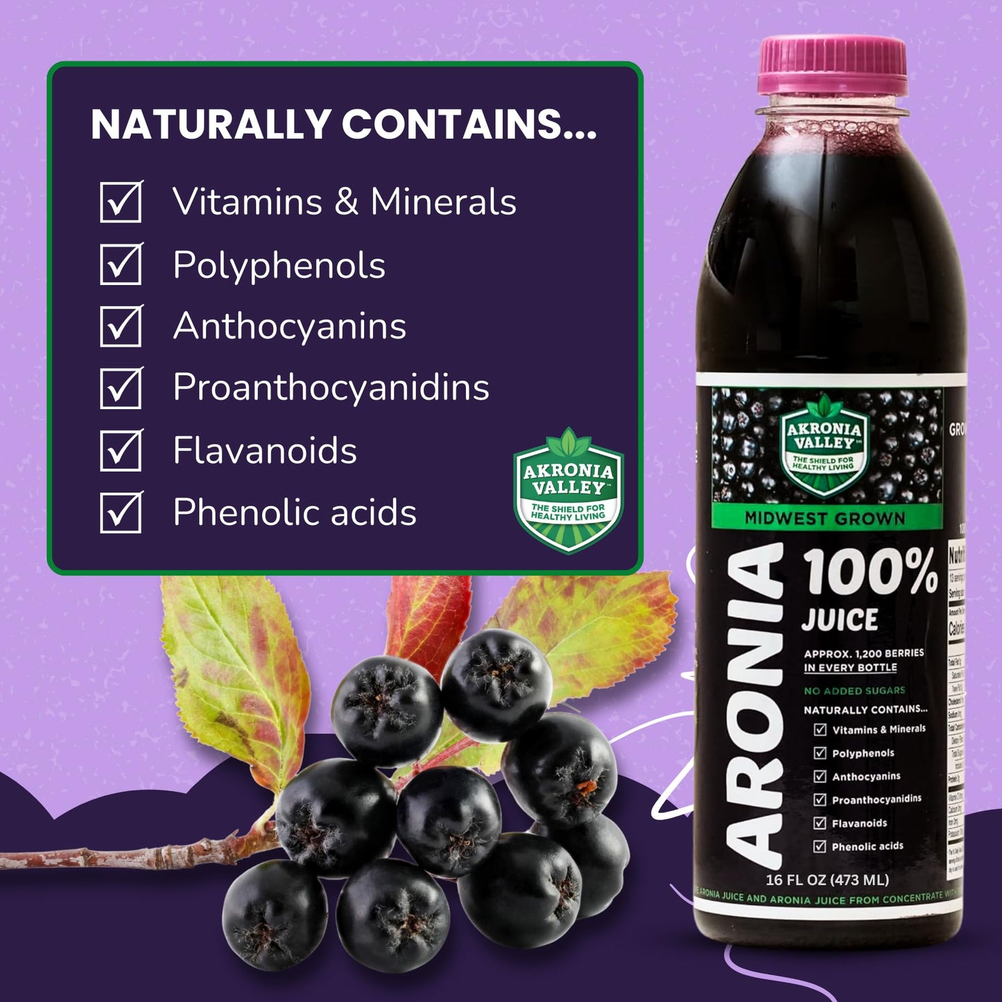 Akronia Valley 100% Aronia Berry Juice | 16 Fl Oz (Pack of 6) One Month Supply | Gluten Free Superfood Juice Drink