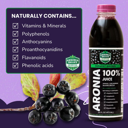 Akronia Valley 100% Aronia Berry Juice | 16 Fl Oz (Pack of 6) One Month Supply | Gluten Free Superfood Juice Drink