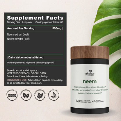 AKSHAR Ayurveda Neem Capsules with Neem Extract & Leaf Powder - 60 Count, Vegan & Cruelty-Free