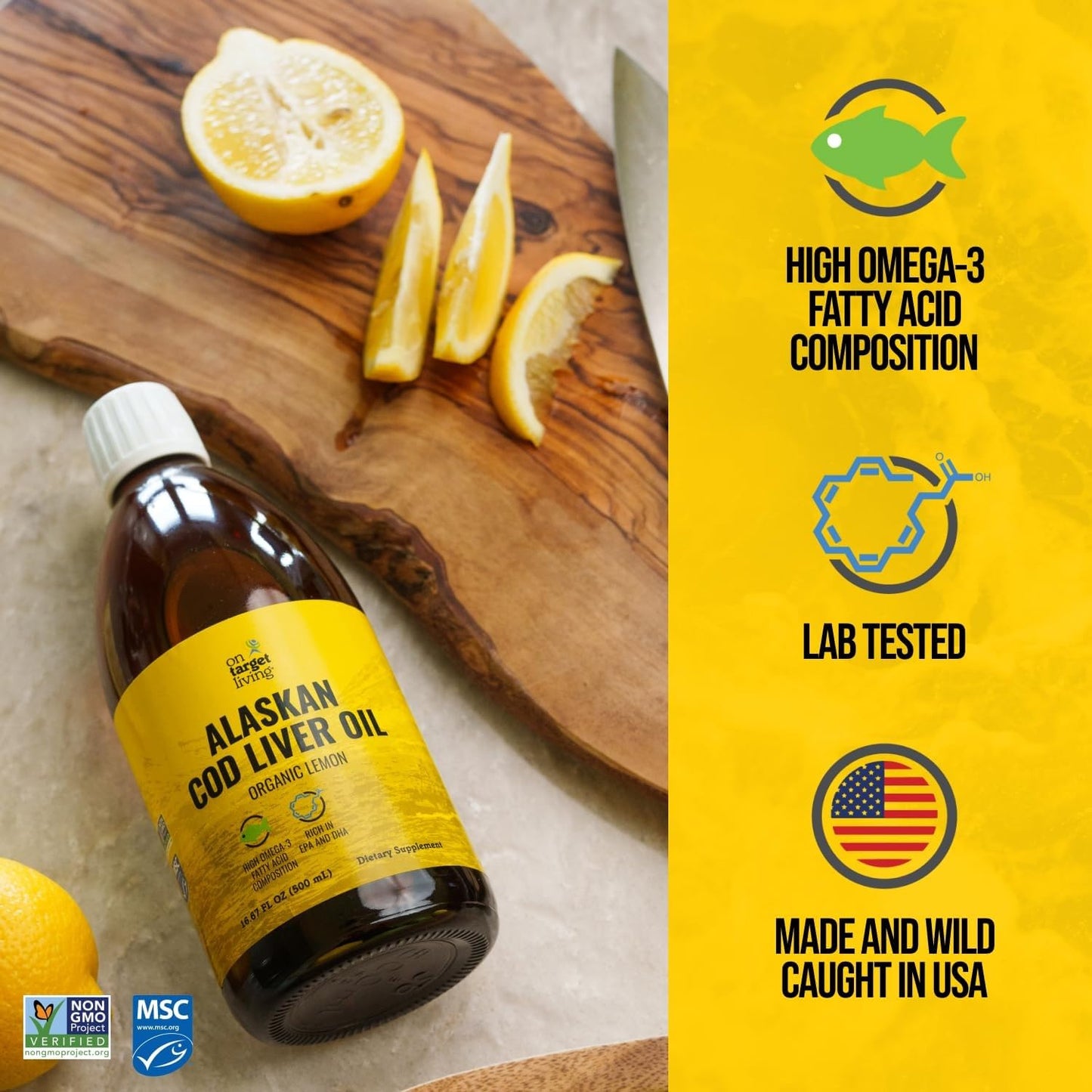 On Target Living Alaskan Cod Liver Oil – Organic Lemon 16.67 oz | Line Caught USA | Vitamin D | Omega-3 DHA/EPA | Non-GMO
