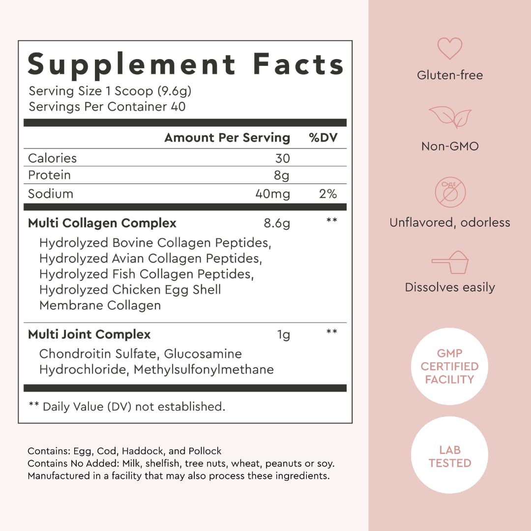 Alaya Multi Collagen Powder - Type I, II, III, V, X Hydrolyzed Collagen Peptides + MSM (Unflavored) - 40 Servings
