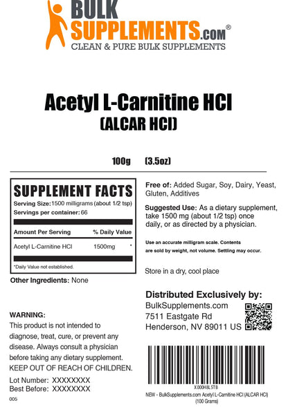 Acetyl L-Carnitine Powder 1.5g Serving | ALCAR HCl | Gluten Free | BulkSupplements