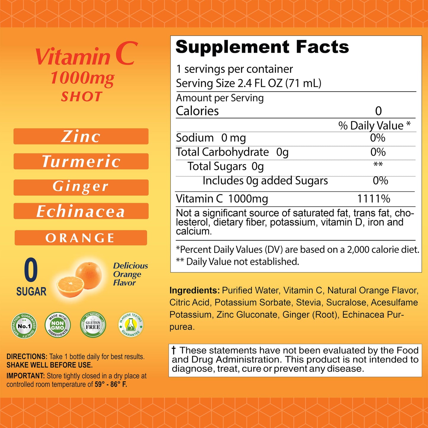 ALFA VITAMINS Vitamin C Shot 1000mg with Zinc, Ginger & Echinacea – Immune Support & Daily Wellness – Orange Flavor – 2.4 fl oz Bottle – 20 Pack