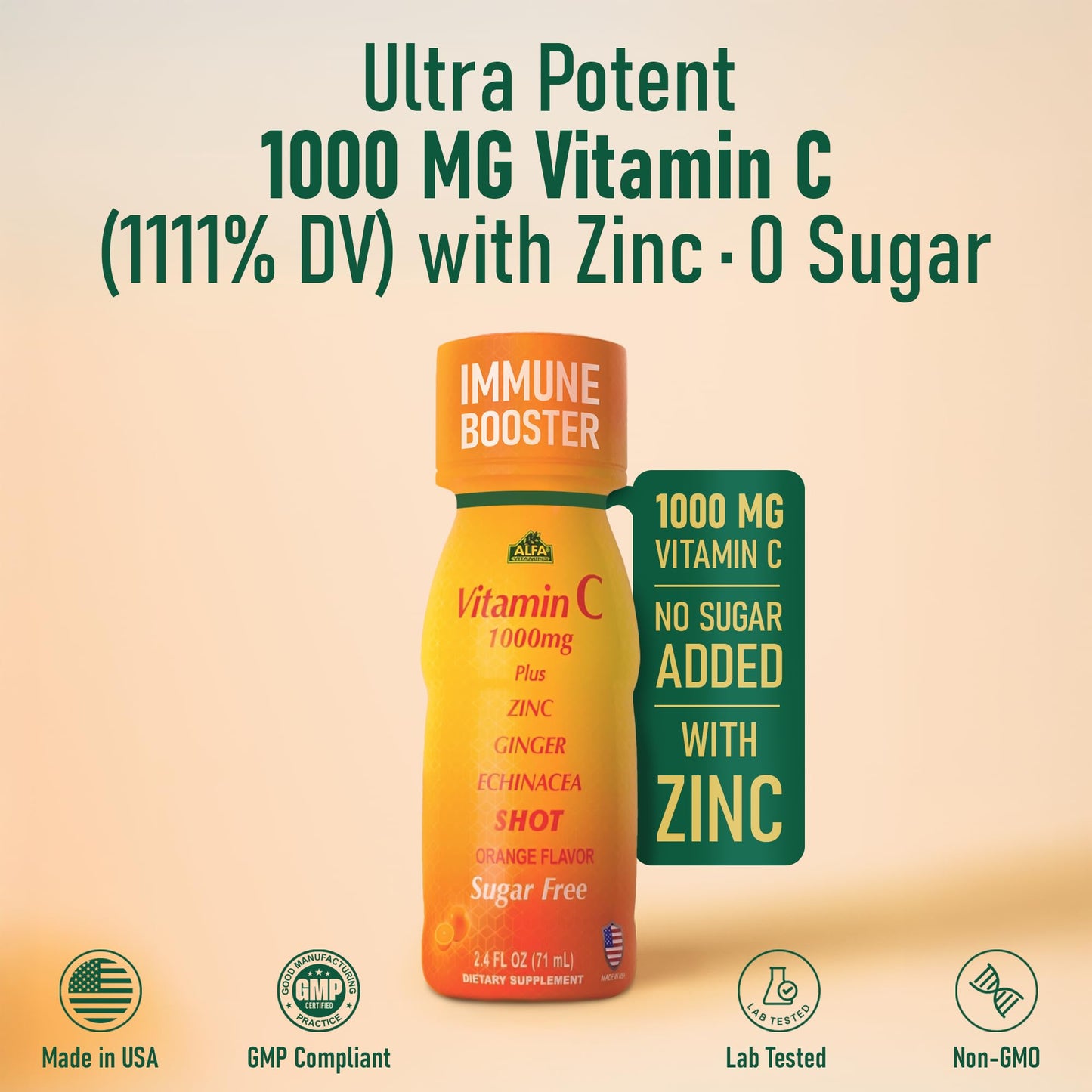 ALFA VITAMINS Vitamin C Shot 1000mg with Zinc, Ginger & Echinacea – Immune Support & Daily Wellness – Orange Flavor – 2.4 fl oz Bottle – 20 Pack