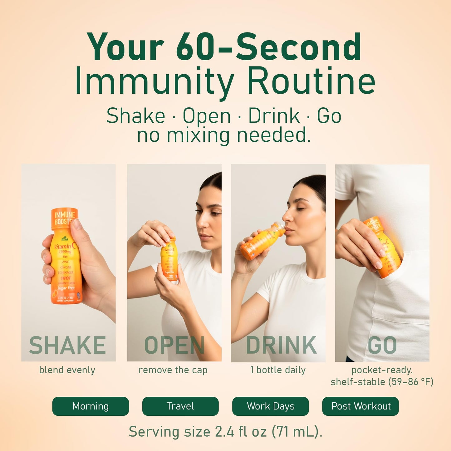 ALFA VITAMINS Vitamin C Shot 1000mg with Zinc, Ginger & Echinacea – Immune Support & Daily Wellness – Orange Flavor – 2.4 fl oz Bottle – 20 Pack