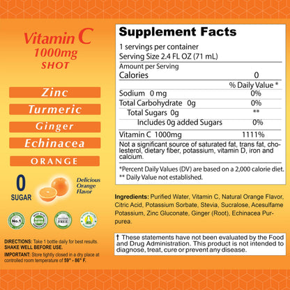 ALFA VITAMINS Vitamin C Shot 1000mg with Zinc, Ginger & Echinacea – Immune Support & Daily Wellness – Orange Flavor – 2.4 fl oz Bottle – 20 Pack