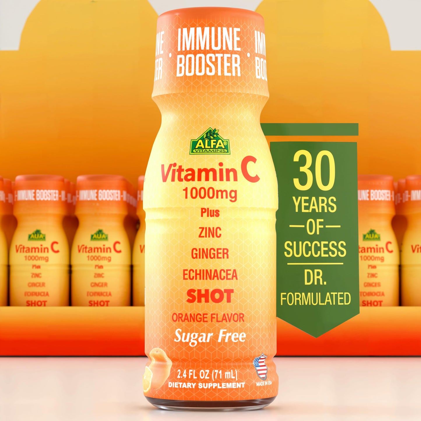 ALFA VITAMINS Vitamin C Shot 1000mg with Zinc, Ginger & Echinacea – Immune Support & Daily Wellness – Orange Flavor, 2.4 fl oz, 80-count