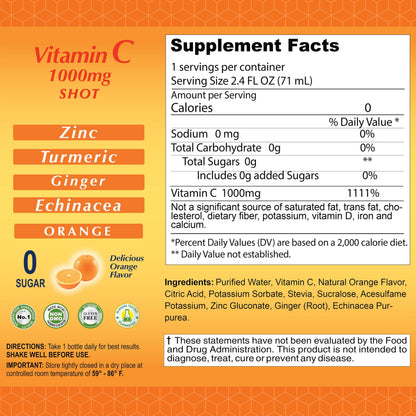 ALFA VITAMINS Vitamin C Shot 1000mg with Zinc, Ginger & Echinacea – Immune Support & Daily Wellness – Orange Flavor, 2.4 fl oz, 80-count
