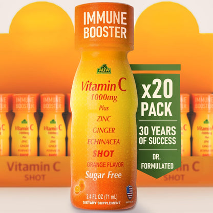 ALFA VITAMINS Vitamin C Shot 1000mg with Zinc, Ginger & Echinacea – Immune Support & Daily Wellness – Orange Flavor – 2.4 fl oz Bottle – 20 Pack
