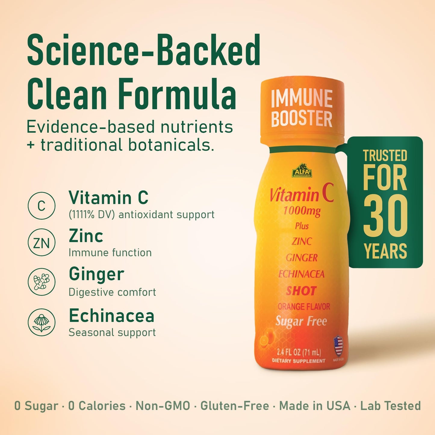 ALFA VITAMINS Vitamin C Shot 1000mg with Zinc, Ginger & Echinacea – Immune Support & Daily Wellness – Orange Flavor, 2.4 fl oz, 80-count