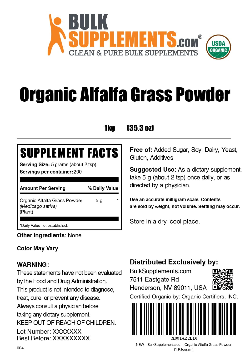 BulkSupplements Organic Alfalfa Grass Powder – Alfalfa Supplement, 1kg, Vegan & Gluten Free | 5g Serving