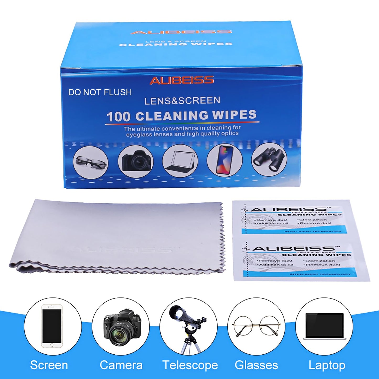 ALIBEISS Pre-Moistened Lens Wipes - Screen Cleaning Wipes for Glasses, Cameras, Tablets & Smartphones (Pack of 100)