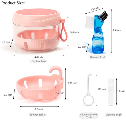 Denture Case - Leak-Proof Travel Bath Cup (Pink) with Mirror, Brush & Aligner Removal Tool