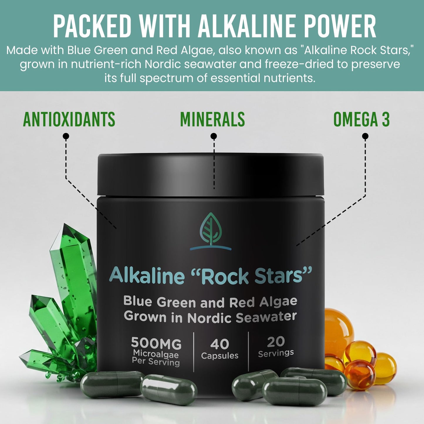 Alkaline Rock Stars Blue Green & Red Algae 500mg | Phytoplankton + Astaxanthin | 30 Day Supply (40 Capsules)