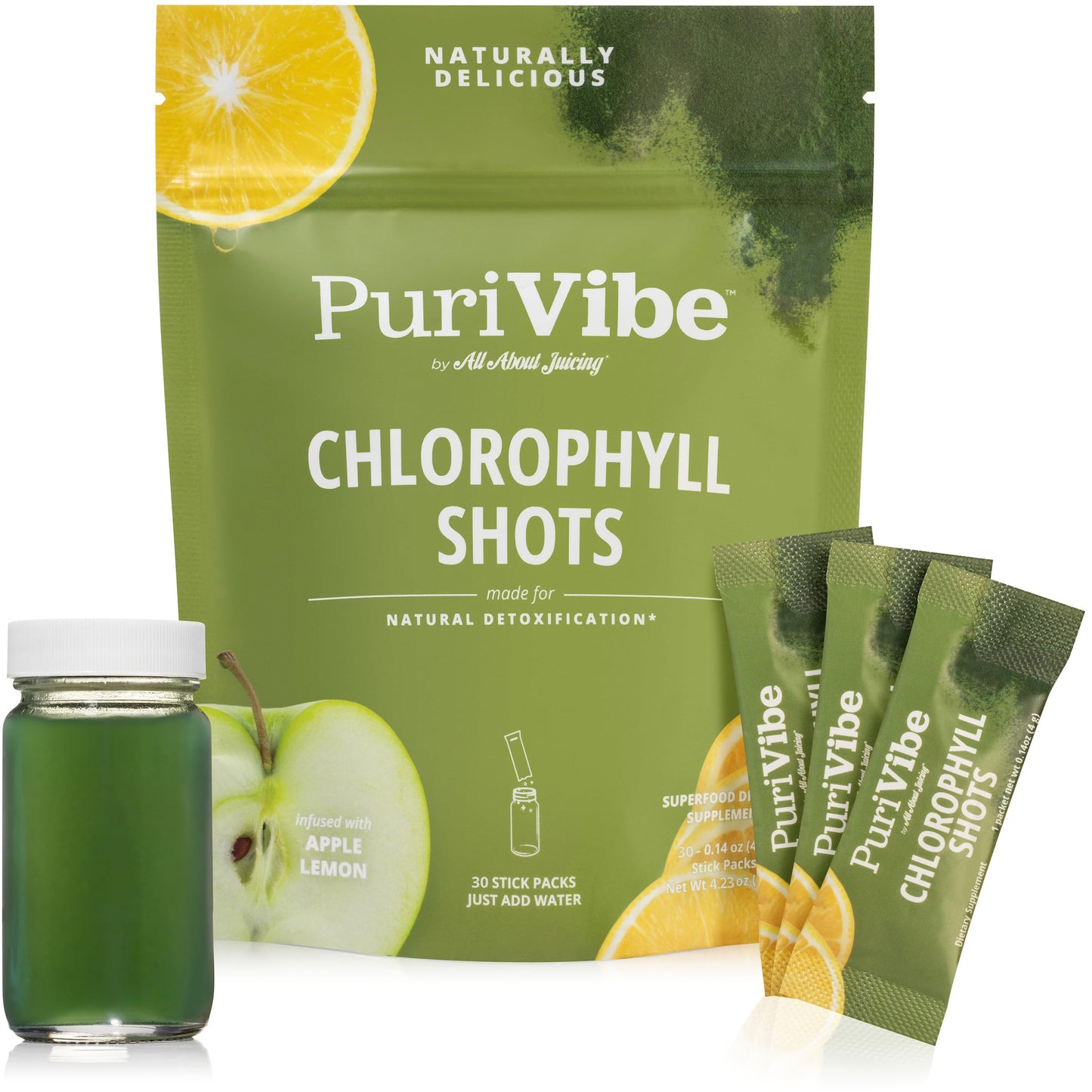 All About Juicing Chlorophyll Green Juice Shots – Clean Energy, Detox, Alkalize (30 Stick Packs)