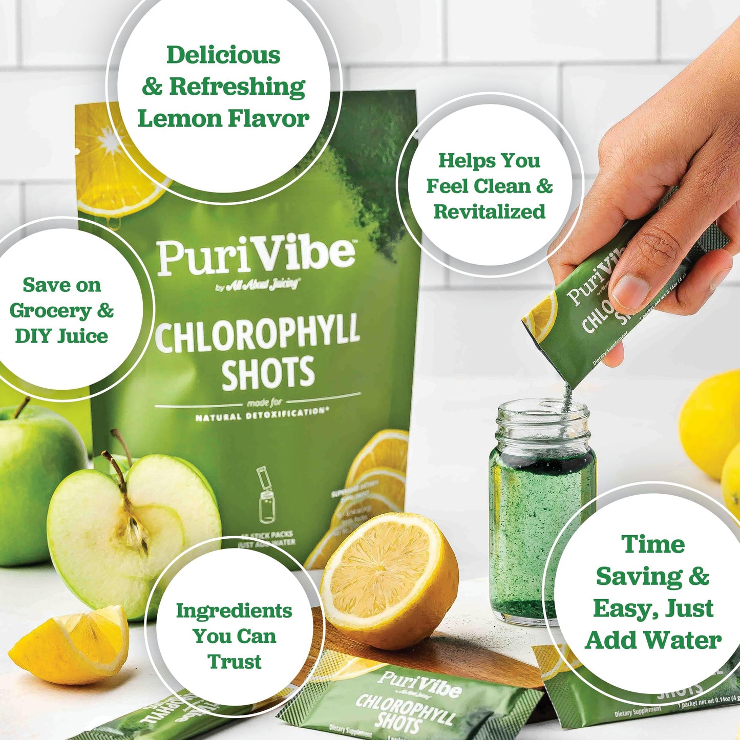 All About Juicing Chlorophyll Green Juice Shots – Clean Energy, Detox, Alkalize (30 Stick Packs)
