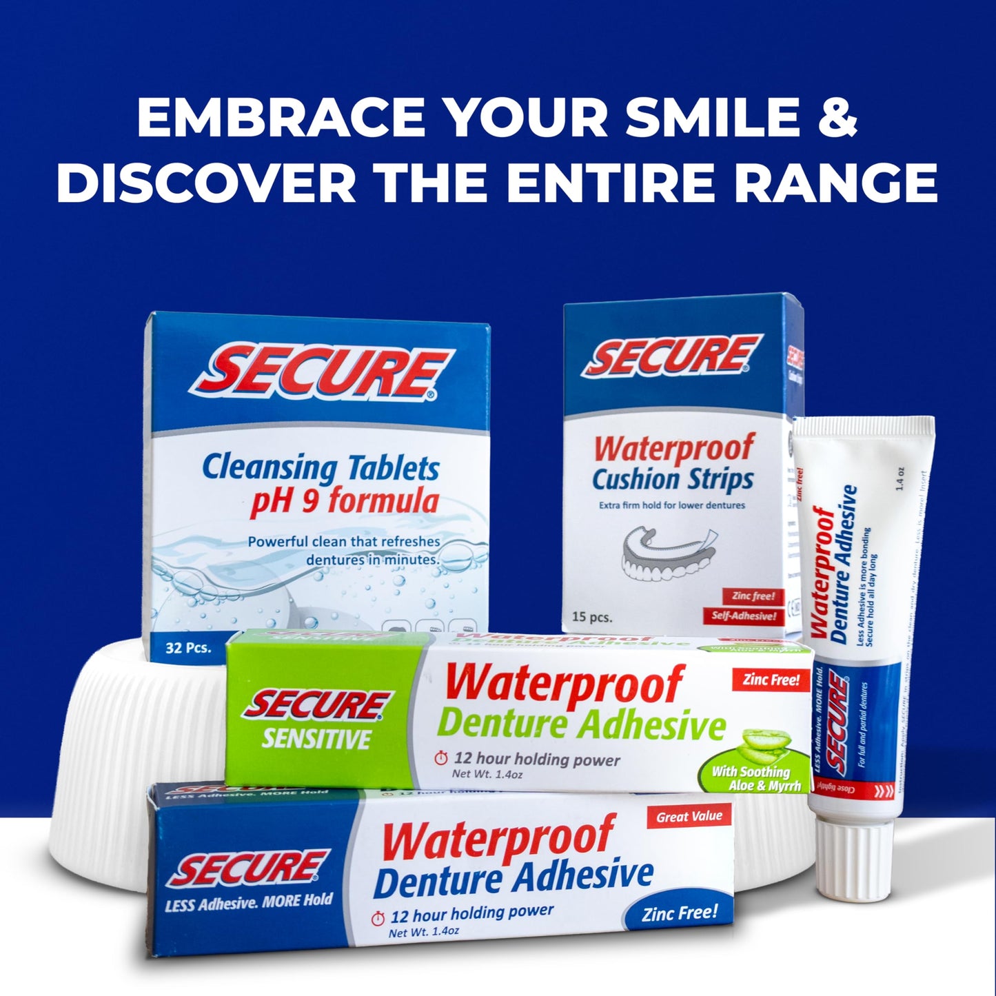 Secure Waterproof Denture Adhesive - Zinc Free - Extra Strong Hold 1.4 oz