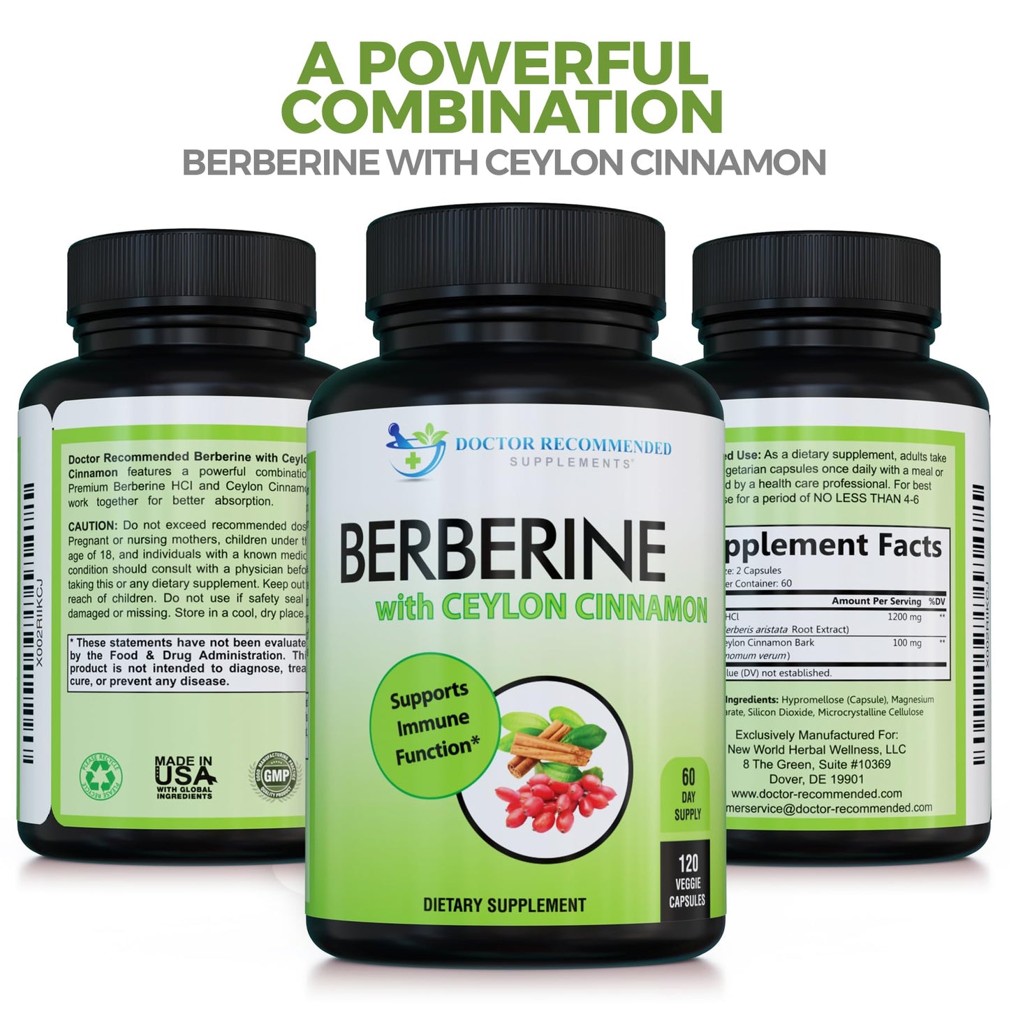 Doctor Recommended Supplements Berberine with Ceylon Cinnamon – 360 Veggie Capsules (Pack of 3) | 1200mg Berberine + 100mg Cinnamon