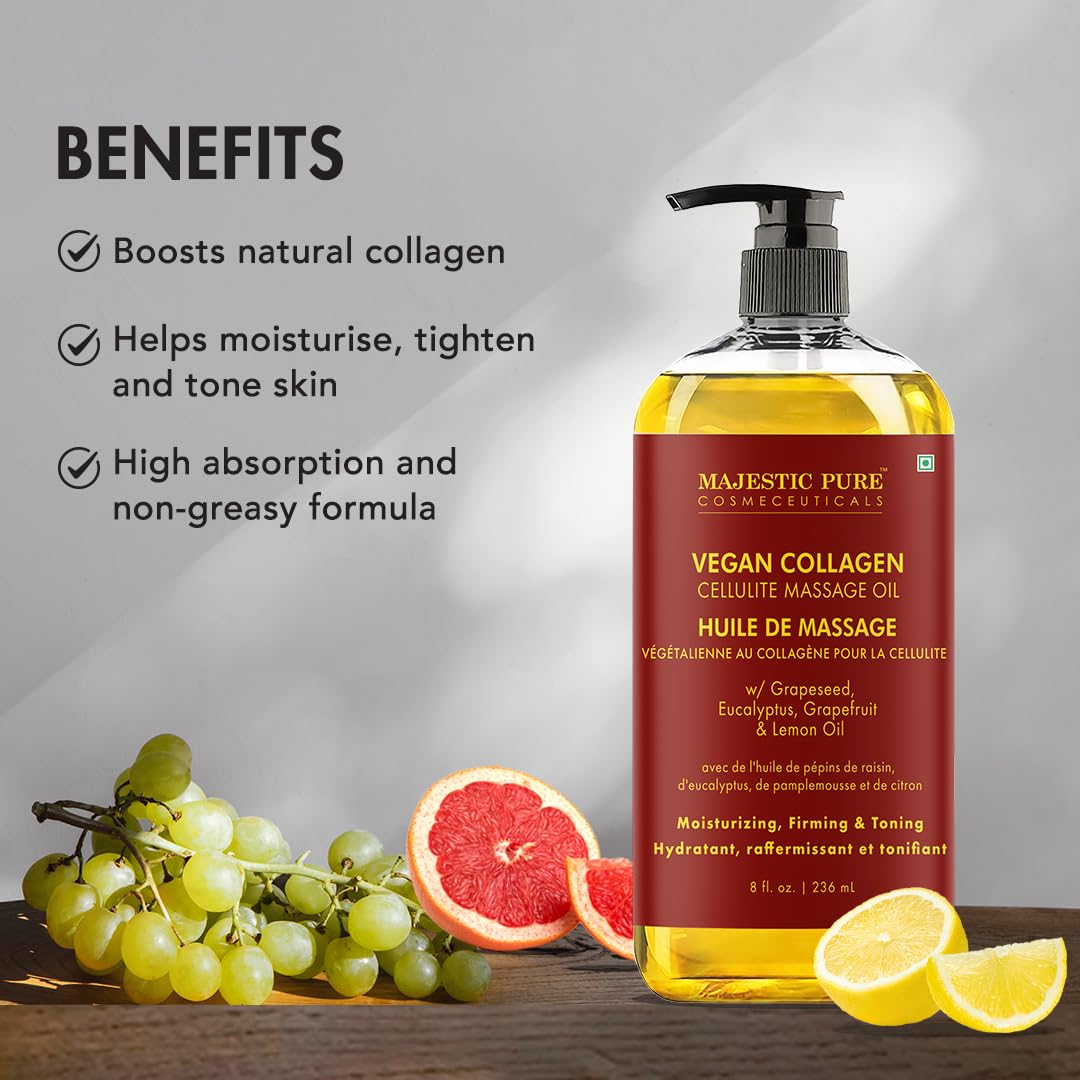 Majestic Pure Anti-Cellulite Massage Oil for Therapy – Vegan Collagen, Stem Cells & Natural Oils, 8 fl oz