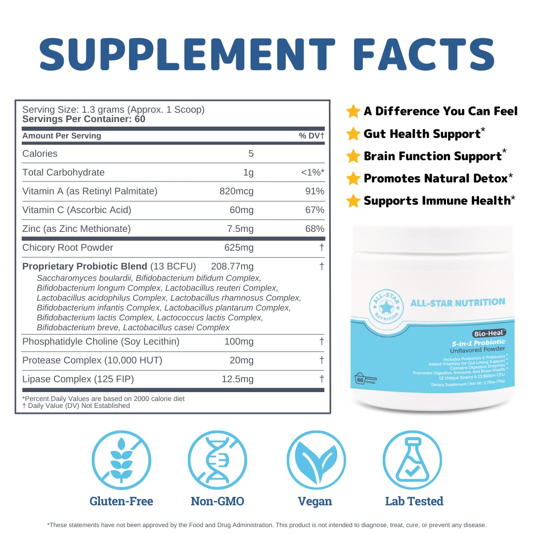 All-Star Nutrition 5-in-1 Bio-Heal Probiotic Powder – Multi-Strain Probiotic for Kid, Adult & Gut Health