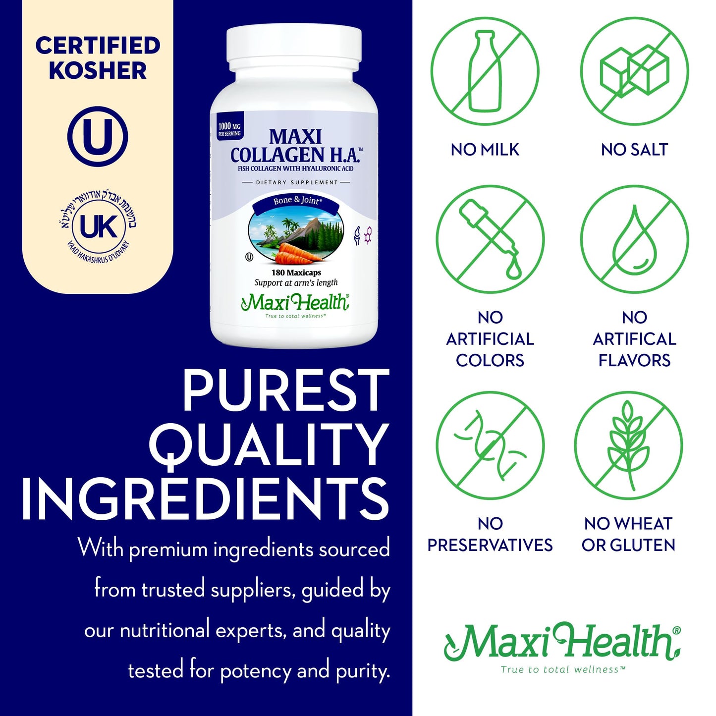Maxi Health Marine Collagen Pills – 1000 mg Type 1 + Hyaluronic Acid (180 Maxicaps)