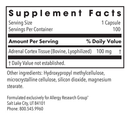 Allergy Research Group Adrenal Cortex Support - Adrenal Glandular Supplement, Immune Function, 100mg Adrenal Extract, Bovine - 100 Count
