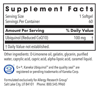 Allergy Research Group CoQH-CF Ubiquinol 100mg Softgels – Unoxidized CoQ10 for Heart & Immune Support
