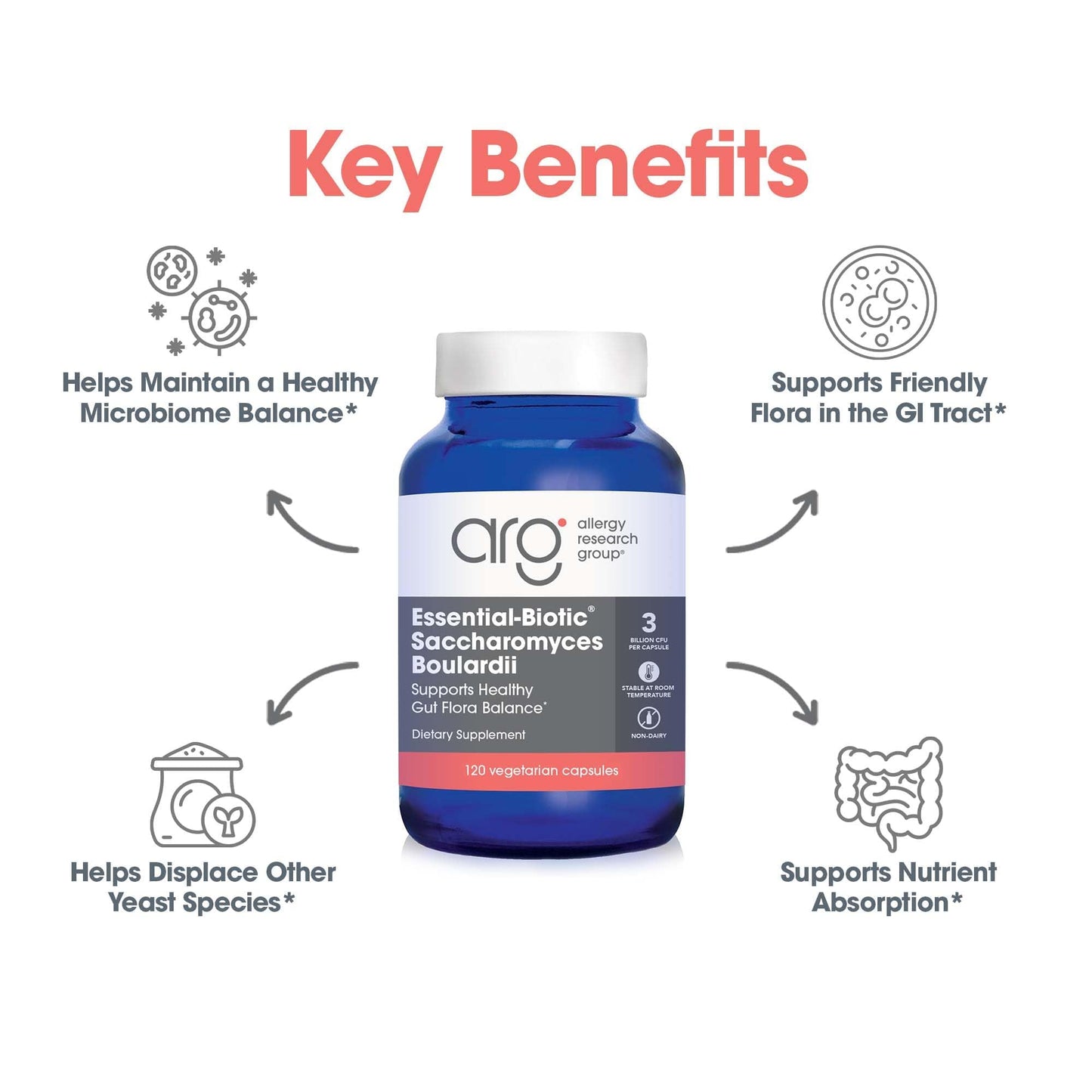 Allergy Research Group Essential-Biotic Saccharomyces boulardii 450mg Probiotic - 120 Count