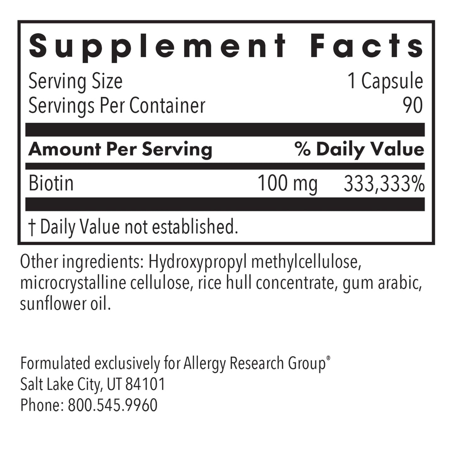 Allergy Research Group HiBiotin Supplement - Extra Strength Biotin Pills, Vegetarian Capsules, Gluten Free - 90 Count