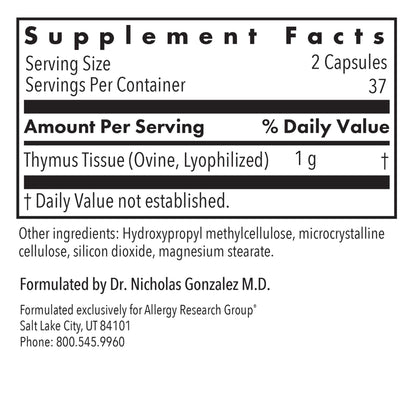 Allergy Research Group Thymus Glandular – 1000mg Ovine Thymus, Hypoallergenic, 75 Count