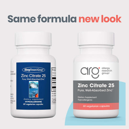 Zinc Citrate Supplement 25mg – Allergy Research Group | Immune Support, 60 Count