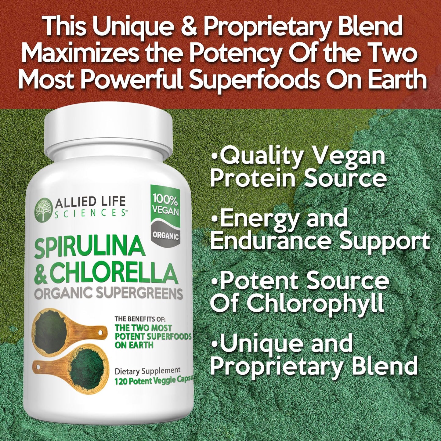 Allied Life Spirulina & Chlorella | Organic Green Superfood Capsules | 3 Bottle Pack