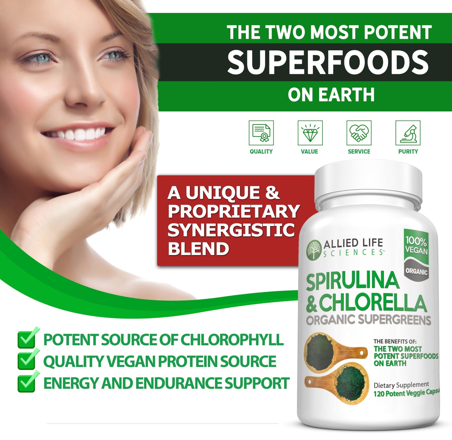 Allied Life Spirulina & Chlorella | Organic Green Superfood Capsules | 3 Bottle Pack