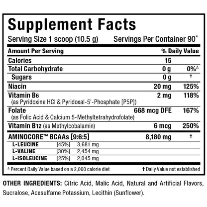 ALLMAX AminoCORE BCAA Blue Raspberry Powder – 945 g, 90 Servings, 8.18 g BCAAs per Serving, Sugar Free, Instantized + B Vitamins