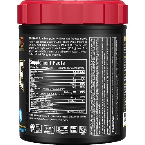 ALLMAX AminoCORE BCAA Blue Raspberry Powder – 945 g, 90 Servings, 8.18 g BCAAs per Serving, Sugar Free, Instantized + B Vitamins