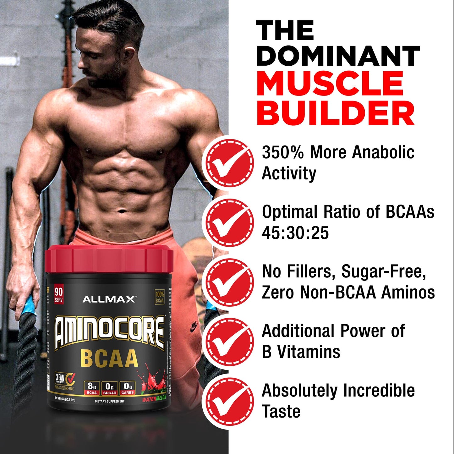 ALLMAX AminoCORE BCAA Pink Lemonade – 945 g, 90 Servings, 8.18 g BCAAs per Serving, Sugar Free, with B Vitamins
