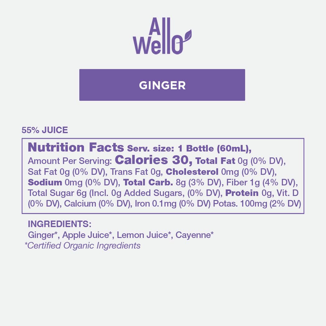AllWellO Cold-Pressed Ginger Shot, 60 mL – USDA Organic Booster (6 Pack)