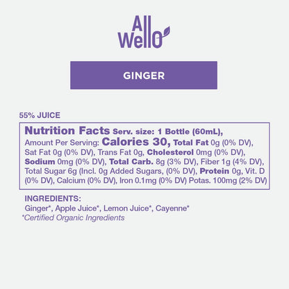 AllWellO Cold-Pressed Ginger Shot, 60 mL – USDA Organic Booster (6 Pack)