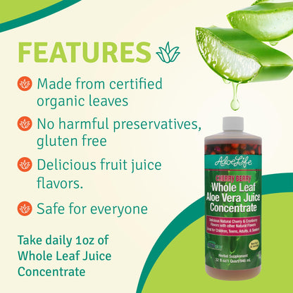 Aloe Life Whole Leaf Aloe Vera Juice Organic Cherry Berry 32 oz (2-Pack)