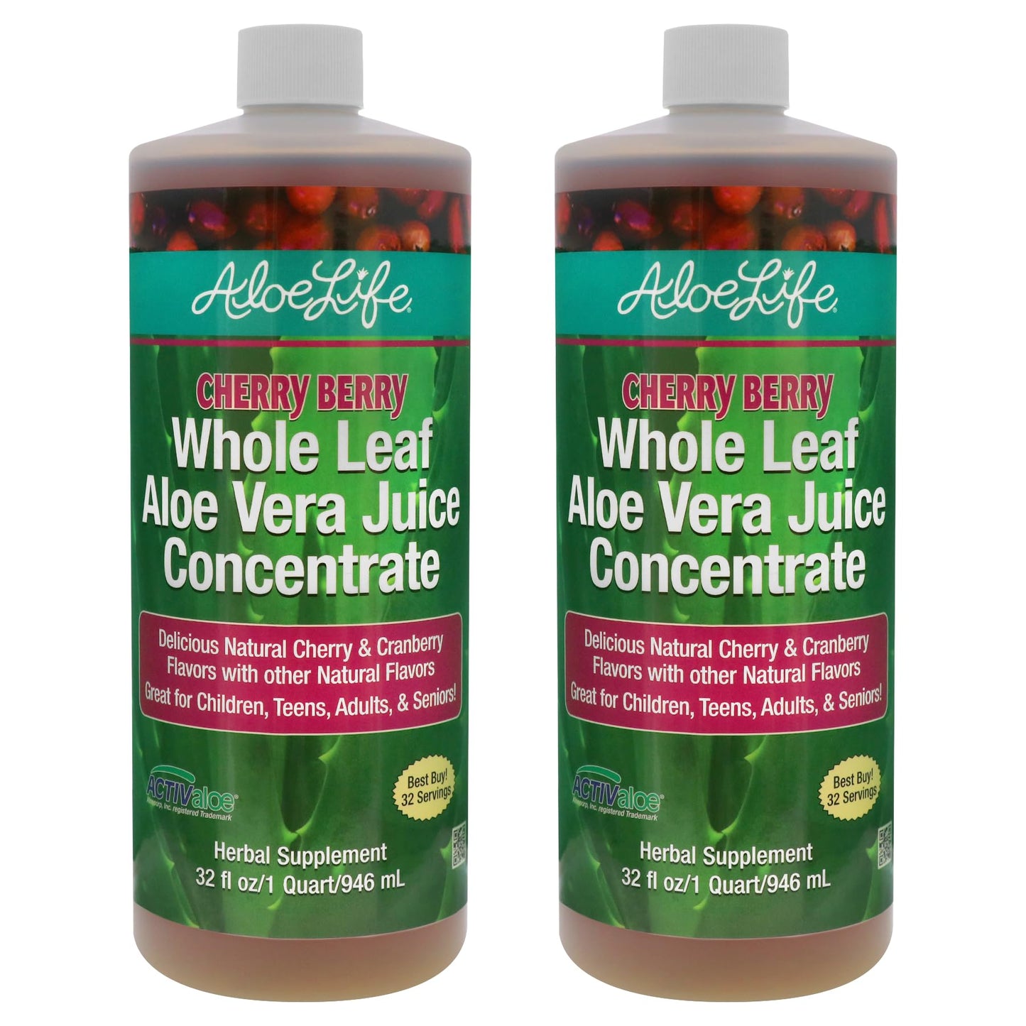 Aloe Life Whole Leaf Aloe Vera Juice Organic Cherry Berry 32 oz (2-Pack)