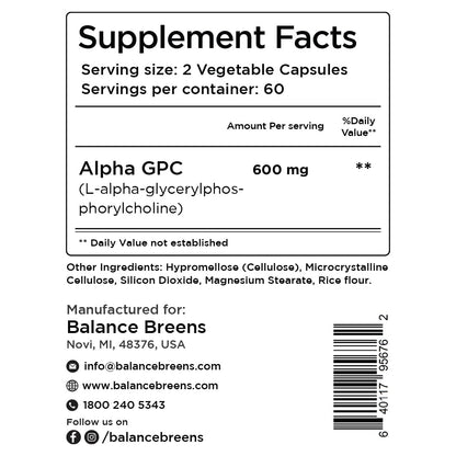 Alpha GPC Choline Supplement 600mg - 120 Veg Capsules | Advanced Memory Formula & Nootropic Brain Support