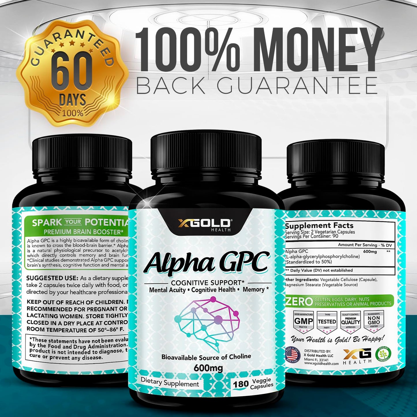 Alpha GPC Choline Supplement 600mg | 180 Veggie Capsules | High-Purity, Bioavailable Nootropic | X Gold Health
