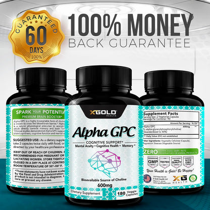 Alpha GPC Choline Supplement 600mg | 180 Veggie Capsules | High-Purity, Bioavailable Nootropic | X Gold Health