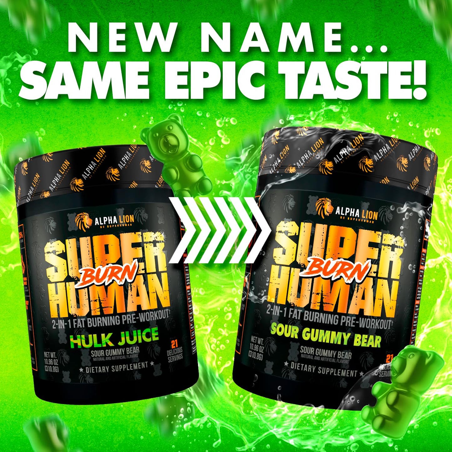 ALPHA LION Superhuman Burn – 2-in-1 Metabolism Booster Pre Workout & Thermogenic Fat Burner for Men – Sour Gummy Bear, 21 Servings