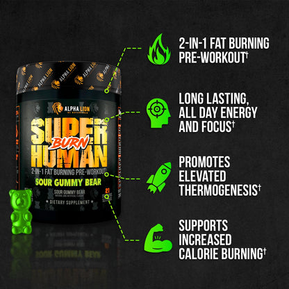 ALPHA LION Superhuman Burn – 2-in-1 Metabolism Booster Pre Workout & Thermogenic Fat Burner for Men – Sour Gummy Bear, 21 Servings