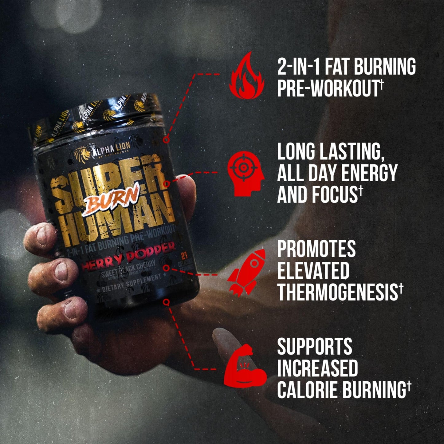 ALPHA LION Superhuman Burn – 2-in-1 Metabolism Booster Pre Workout & Thermogenic Fat Burner for Men | 21 Servings | Sweet Black Cherry