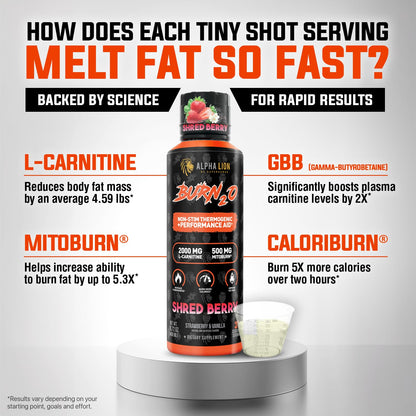 ALPHA LION Burn2O Liquid L-Carnitine 2000mg – Premium Fat Burner & Pre-Workout for Men & Women | ShredBerry