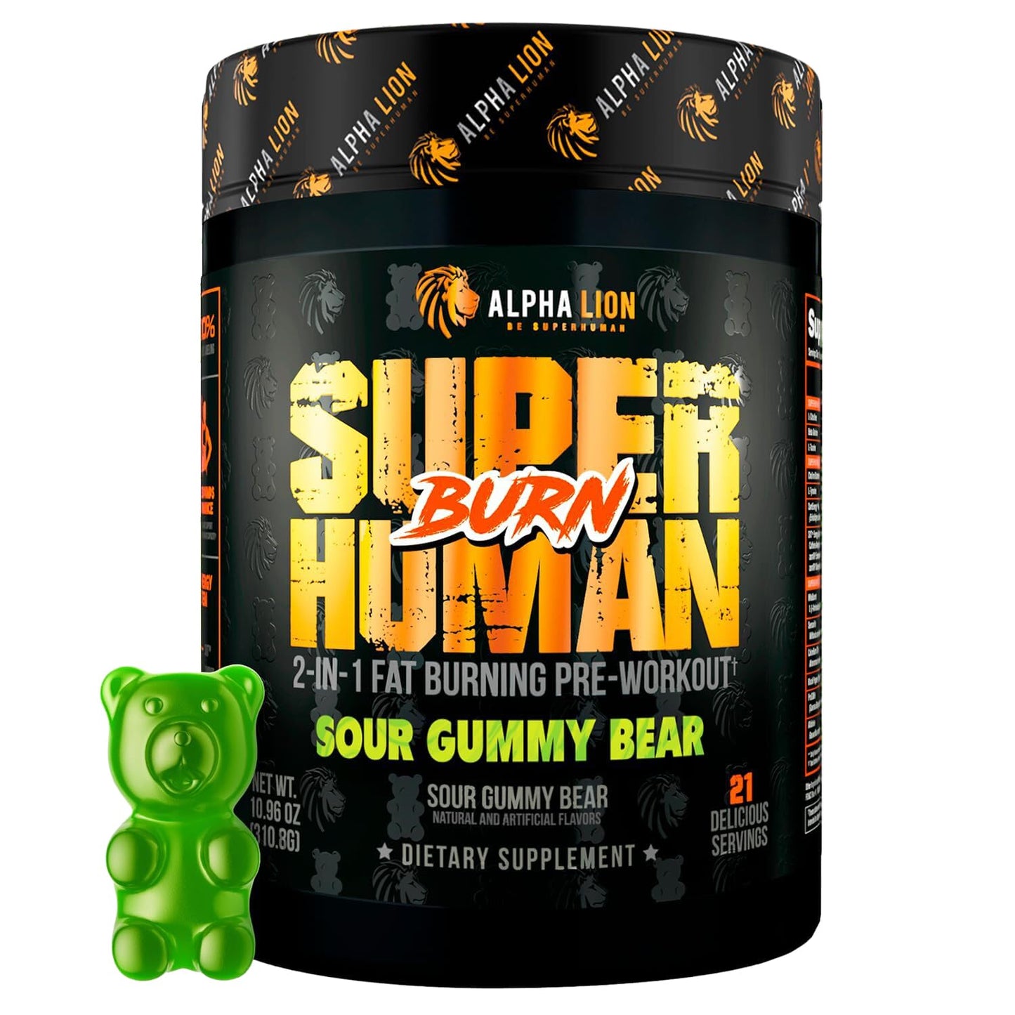 ALPHA LION Superhuman Burn – 2-in-1 Metabolism Booster Pre Workout & Thermogenic Fat Burner for Men – Sour Gummy Bear, 21 Servings