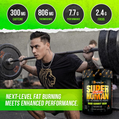 ALPHA LION Superhuman Burn – 2-in-1 Metabolism Booster Pre Workout & Thermogenic Fat Burner for Men – Sour Gummy Bear, 21 Servings